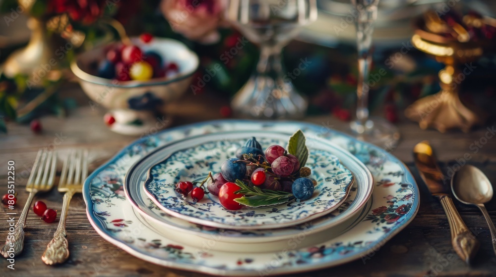 Wall mural dishes and table details, such as cutlery, decorative plates and flowers, highlighting exquisiteness and attention to detail generative ai