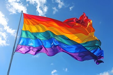 A rainbow flag is flying in the sky
