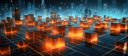 Large group of orange cubes in city center