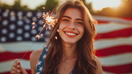 portrait of a young woman who celebraty july 4th american independent day standing near a USA flag and hold a sparkler