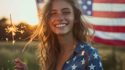 portrait of a young woman who celebraty july 4th american independent day standing near a USA flag and hold a sparkler