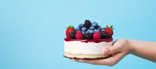 Person holding cake with berries and blueberries