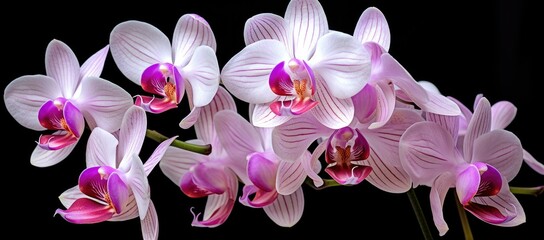 Group of pink and white orchids on black background