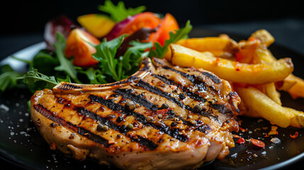 grilled lamb with salad and french fries