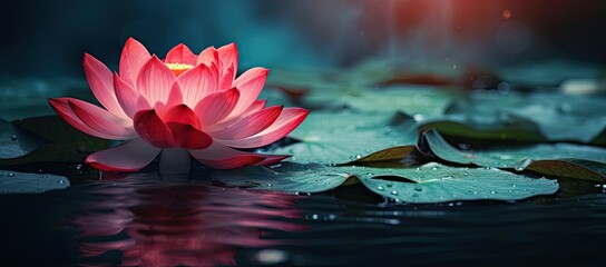 Pink water lily floating on body of water