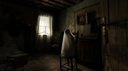 old abandoned house with a ghost in the licing room