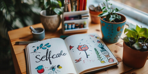 Bullet journal with selfcare titlle betweencandle and litle plants on the office desk	