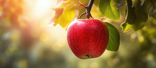 A red apple hanging from a tree branch