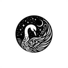 swan silhouette in bohemian, boho, nature illustration