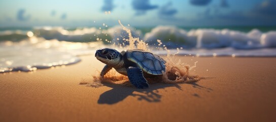 Baby turtle crawling on sandy beach