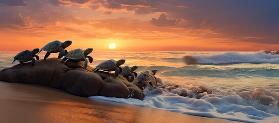 Group of turtles basking on rock in ocean