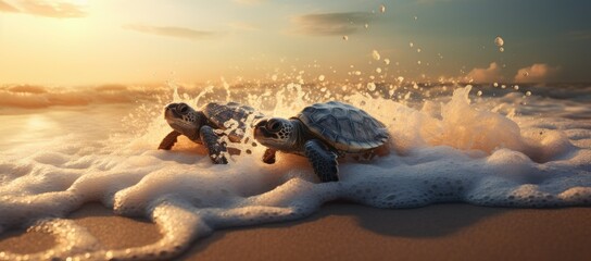 Two turtles swimming in the ocean