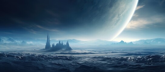 Alien landscape with distant planet