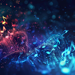 Colorful music notes floating on a blue and pink digital landscape. Generated by AI