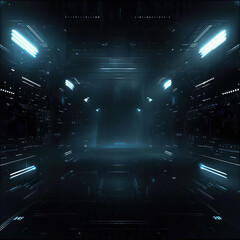 Futuristic Technology Background with Glowing Blue Lights and Digital Screens. Generated by AI