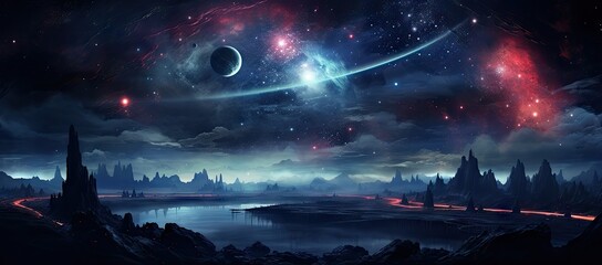 A painting of a space scene with planets and stars