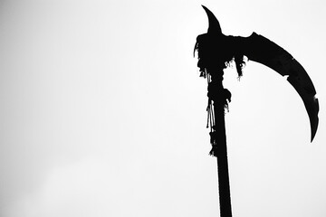The ominous silhouette of a battle scythe against a background of white, a silent reminder of...