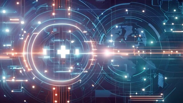 A glowing medical cross symbolizes advanced digital healthcare technology against a dynamic backdrop.