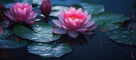 Two pink water lilies floating on a pond