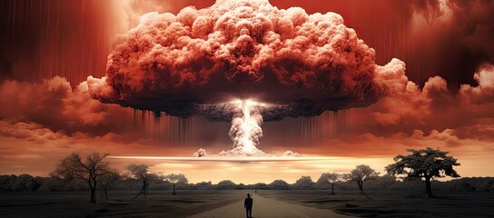 Man standing in front of a large mushroom cloud
