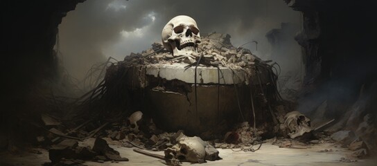 Skull atop pile of rubble