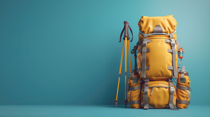 hiking bag and trekking pole,copy space
