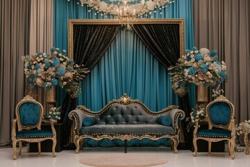 Luxury wedding stage decoration. stage decoration for wedding. wedding ceremonies decoration. wedding hall decoration. elegant wedding stage with flowers.