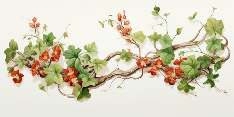 Painting of a vine with red flowers and green leaves