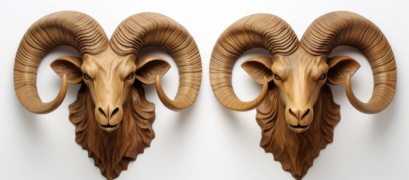 Mounted pair of rams heads on wall