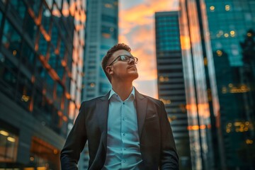 Confident  wealthy rich successful business man standing in big city modern skyscrapers street on...