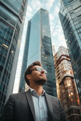 Fototapeta premium Confident wealthy rich successful business man standing in big city modern skyscrapers street on sunset thinking of successful future vision, dreaming of new investment opportunities
