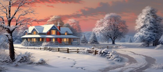 Painting of a house in a snowy landscape