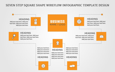 Seven step square shape process flow infographic template design, orange line flow template design	