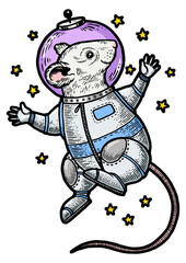 Mouse astronaut spaceman in space sketch engraving PNG illustration. Tee shirt apparel print design. Scratch board style imitation. Black and white hand drawn image.
