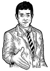 Businessman lend hand for handshake sketch engraving PNG illustration. Tee shirt apparel print design. Scratch board style imitation. Black and white hand drawn image.