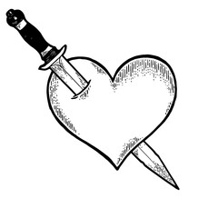 Heart symbol pierced with knife dagger weapon sketch engraving PNG illustration. Romantic love lovesickness symbol. Tee shirt apparel print design. Scratch board imitation.