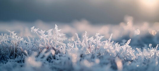 Obraz premium Close-up of frost-covered tundra grass against a backdrop of a foggy, early morning sky, highlighting the intricate ice crystals