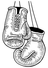 Boxing gloves sketch engraving PNG illustration. Tee shirt apparel print design. Scratch board style imitation. Black and white hand drawn image.