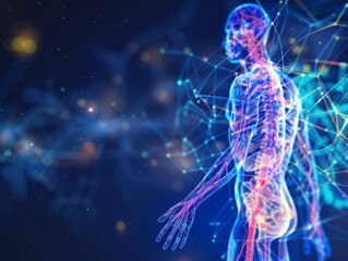 Dynamic digital artwork depicting a futuristic visualization of the human body, highlighting complex networks and systems in vivid blue and red colors against a starry background.