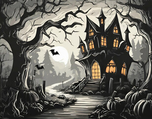 Black and white Halloween background with an orange glow from the house, cartoon illustration. 