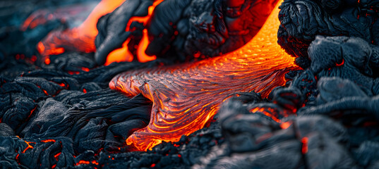 Close-up of molten lava flowing from an active volcano, showcasing the glowing red and orange...