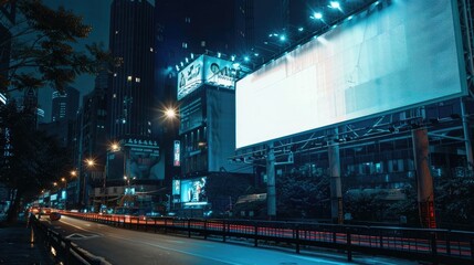 Empty big billboard on a city night street