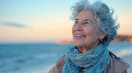 Happy senior woman enjoying walk on the beach and happy retirement