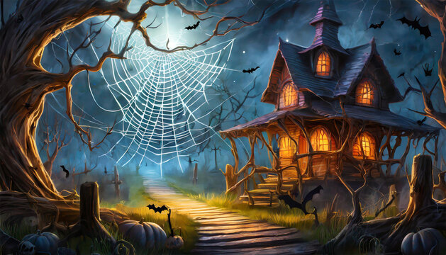 Cartoon Halloween spider web against black backdrop, and a spooky haunted house, illustration.