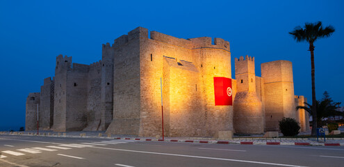 Ribat in Monastir in night illumination, Tunisia. Islamic defensive structure. It is oldest ribat...
