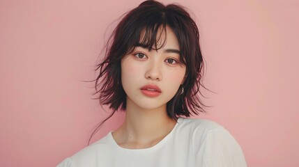 Fototapeta premium ピンクの背景に白い服を着て見つめる日本人女性