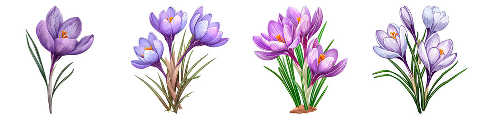 Collection of Crocus isolated on transparent png background. Generative ai