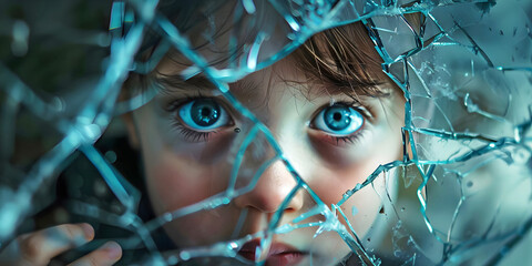 young child behind broken glass pane, ai generated.