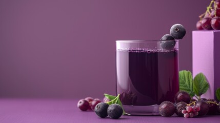 A glass of blackcurrant juice, blackcurrants floating, beside a simple purple juice box on a muted purple background