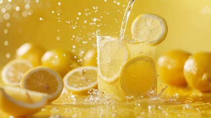 A glass of lemonade with lemon slices, lemon juice being poured, and a simple yellow juice box on a bright yellow background